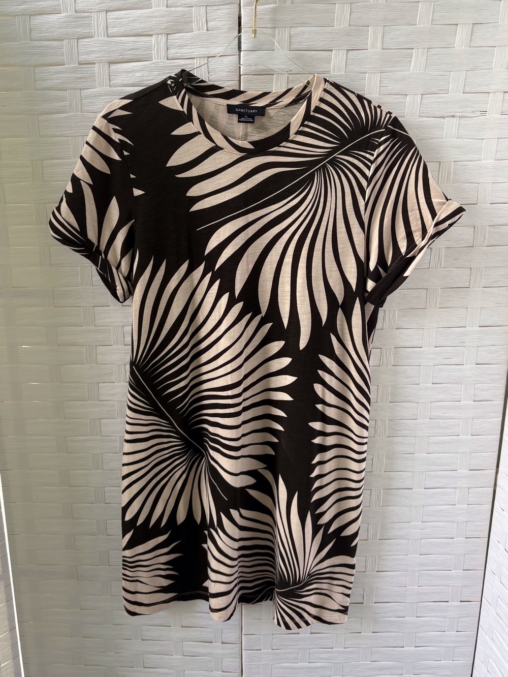 Sanctuary XL Dress‎ Black Cream Cotton Blend Palm Leaf Cruise Beach Resortwear